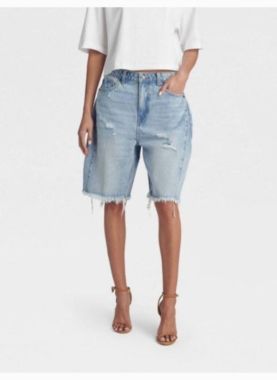 KBB by Kahlani Low-Rise Wide Leg 'The Distressed Rachel Shorts' - Light Wash